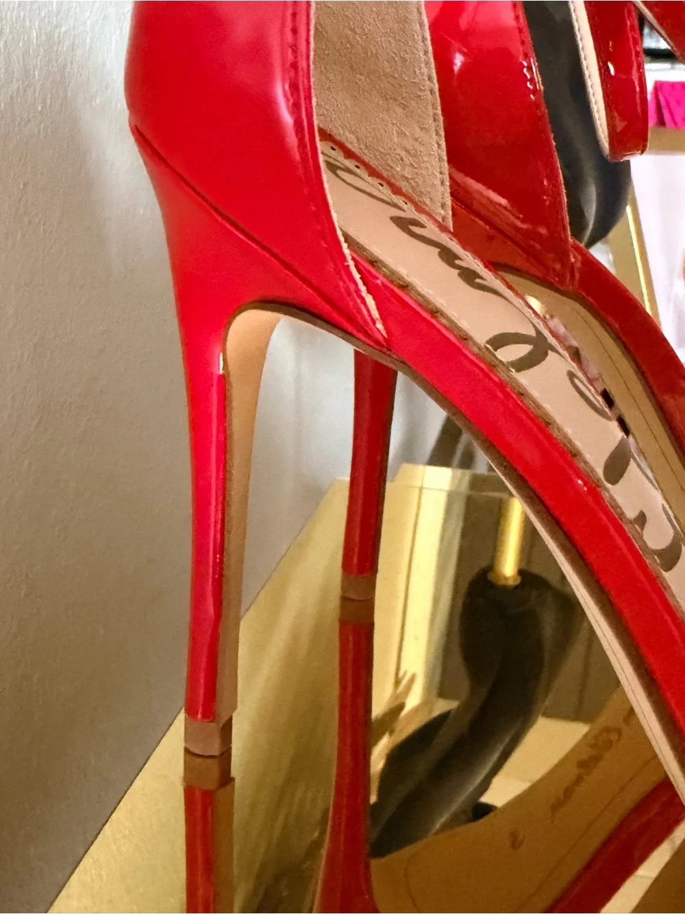 Sam Edelman Red Patent Ankle-Strap Heels with Gold Accents - Picture 9 of 13